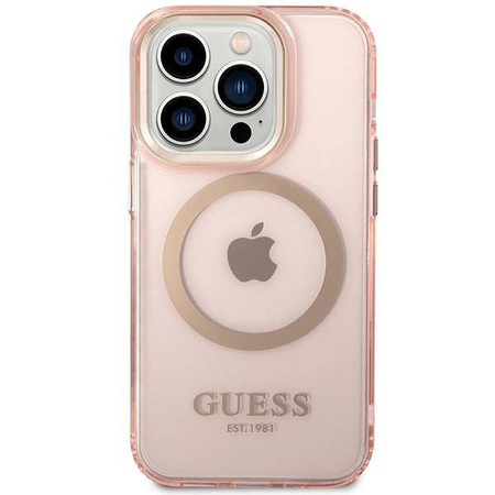 Original Handyhülle IPHONE 14 PRO MAX Guess Hard Case Gold Outline Translucent MagSafe (GUHMP14XHTCMP) rosa