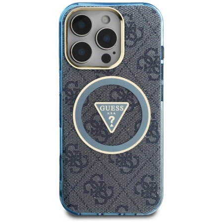 Guess IML Metal Glitter 4G Circle Triangle MagSafe Case für iPhone 16 Pro Max - Blau