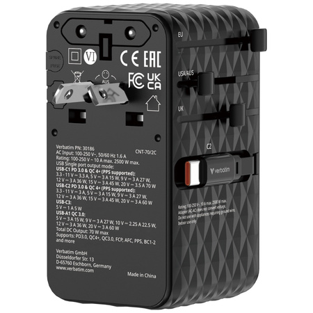 Verbatim Adapter podróżny EU/UK/US GaN   1xUSB-C/1xUSB-A/2xUSB-C PD 70W czarny 30186