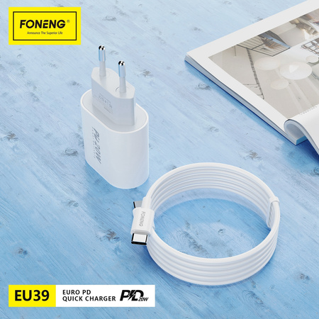 Foneng Ładowarka sieciowa EU39 - Typ C - PD 20W 3A z kablem Typ C na Typ C biała
