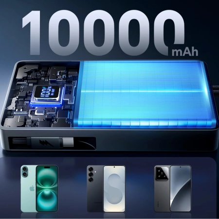 Joyroom JR-PR1 10000mAh 22,5W Powerbank mit integriertem einziehbarem USB-C-Kabel - Schwarz