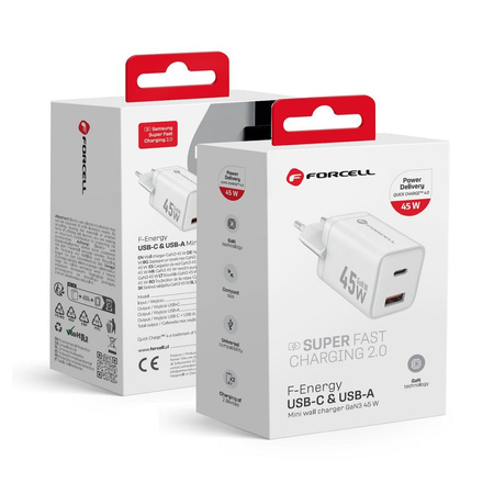 Ładowarka sieciowa do telefonu Forcell F-Energy Mini GaN III USB C + USB A PD QC4.0 45W VT-36 biała