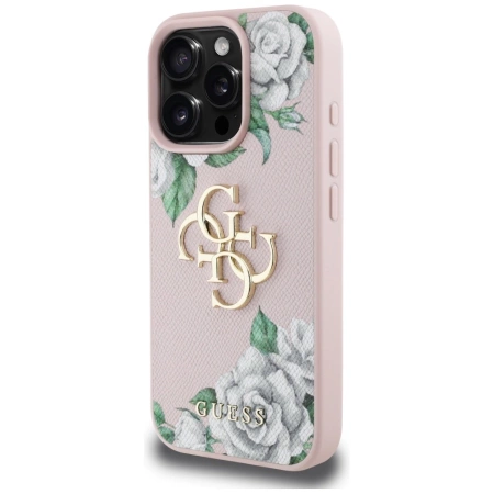 Guess Grained Roses Big 4G Logo iPhone 16 Pro Max Hülle - Rosa