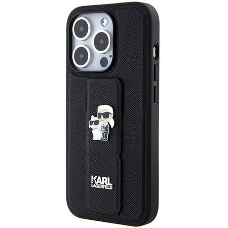 Karl Lagerfeld Gripstand Saffiano Karl&amp;Choupette Pins Hülle für iPhone 15 Pro Max – Schwarz