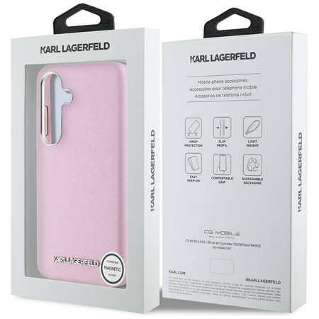 Original Handyhülle SAMSUNG GALAXY S25 Karl Lagerfeld Saffiano Full Wrapped Elongated Metal Logo MagSafe rosa