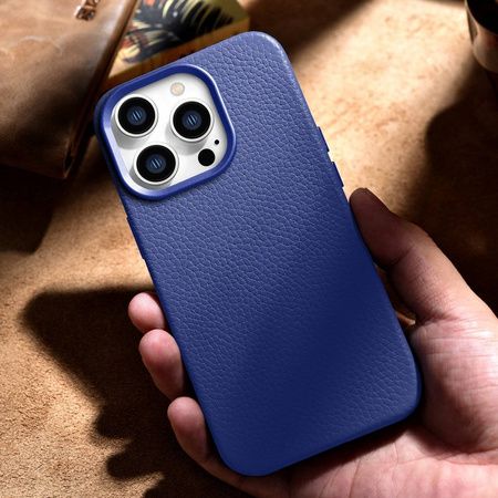 iCarer Litchi Premium Leather Case skórzane etui iPhone 14 Pro magnetyczne z MagSafe ciemnoniebieski (WMI14220710-DB)