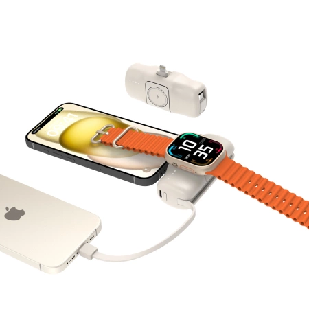 Wozinsky WF16-YLS 5000 mAh 15 W Lightning Mini-Powerbank mit integriertem USB-C-Kabel und Apple Watch Ladegerät – Beige