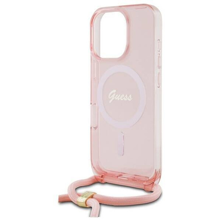 Original Case IPHONE 16 PRO MAX Guess Hardcase Crossbody Cord Script MagSafe (GUHMP16XHCTSGNSP) pink