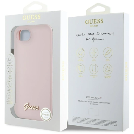 Etui Guess Silicone Script Metal Logo MagSafe na iPhone 16e - różowe