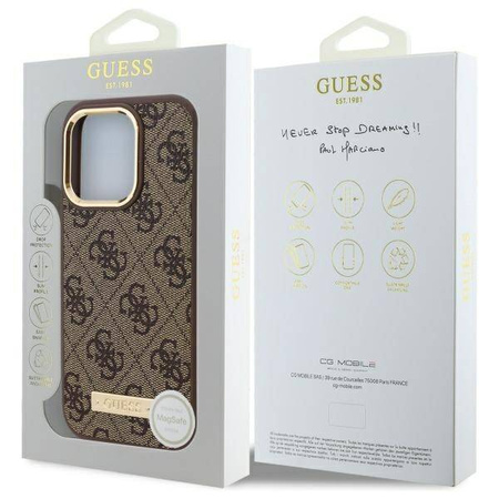 Original Case IPHONE 16 PRO MAX Guess Hardcase 4G Logo Plate MagSafe (GUHMP16XU4GPRW) brown