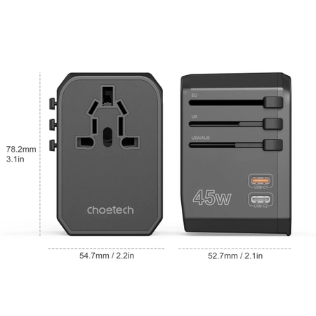 Choetech PD6045 USB-C USB-A 45W GaN Travel Charger with US EU UK AU Plugs - Black