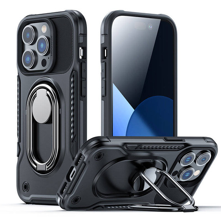 Joyroom Dual Hinge case for iPhone 14 armored case with a stand and a ring holder black