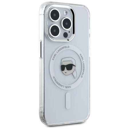 Original Case IPHONE 15 PRO MAX Karl Lagerfeld Hardcase IML Metal Karl Head MagSafe white