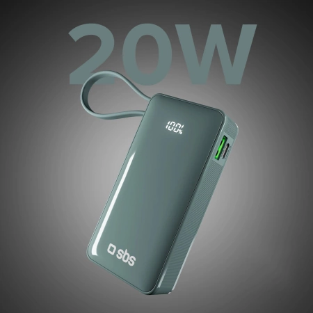Powerbank SBS 10000 mAh 20W z wbudowanym kablem USB-C i wyświetlaczem cyfrowym - szary