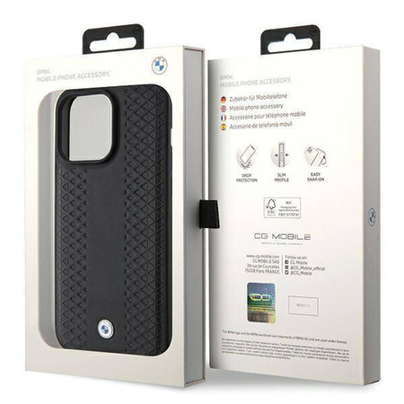 BMW Lederhülle mit Rautenmuster für iPhone 15 Pro – Schwarz