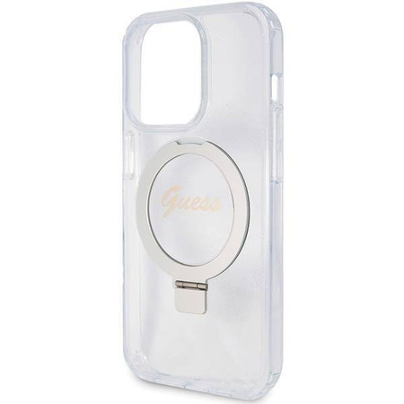 Guess Ring Stand Script Glitter MagSafe case for iPhone 15 Pro - transparent