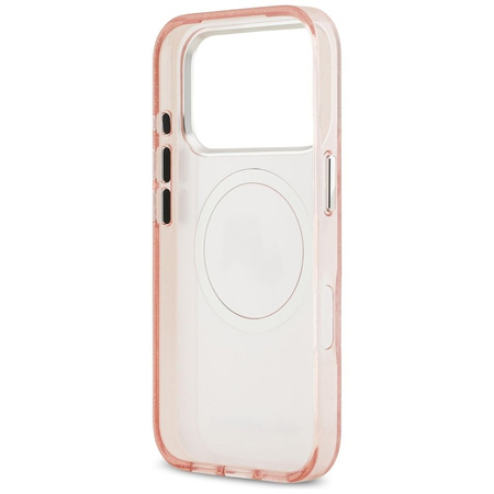 Karl Lagerfeld nakładka Magsafe IML glitter case metal camera frame and buttons Karl and Choupette heads on KL repeated logo do iPhone 17 Pro różowa