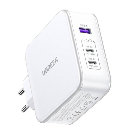 Ładowarka sieciowa GaN Ugreen Nexode CD289 USB-A/2xUSB-C 140W + kabel USB-C - USB-C 1.5m - biała
