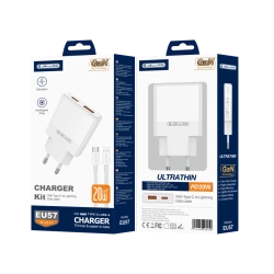 JELLICO Netz-Ladegerät EU57 PD 20W 1xUSB-C + 1xUSB QC3.0 + Kabel USB-C - Lightning weiss