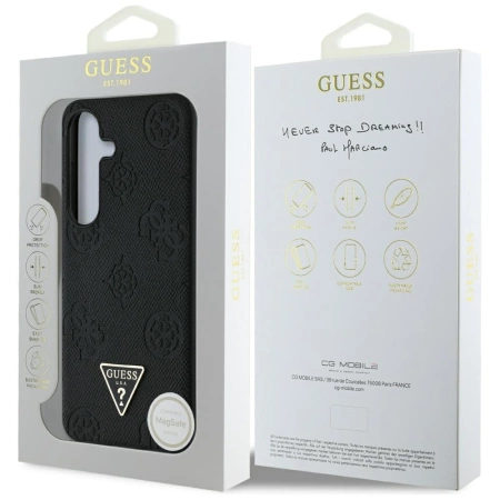 Etui Guess Grained Hot Stamp Peony  Pattern Triangle Logo MagSafe do Samsung Galaxy S25 czarny