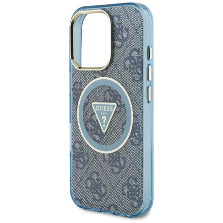 Guess IML Metal Glitter 4G Circle Triangle MagSafe Case für iPhone 16 Pro Max - Blau