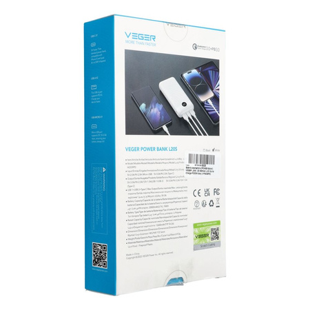 Bateria zewnętrzna (Powerbank) VEGER L20S - 20 000mAh LCD Quick Charge PD 20W biały (VP2039PD  / W2039PD )