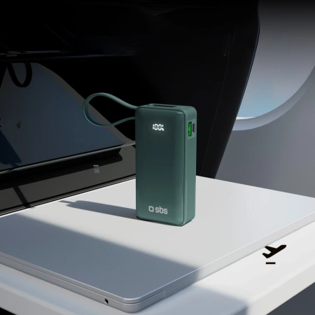 Powerbank SBS 10000 mAh 20W mit integriertem USB-C-Kabel und Digitalanzeige - grau