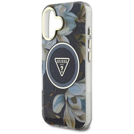 Case IPHONE 16 Guess Glitter Flowers Triangle Buttons MagSafe black