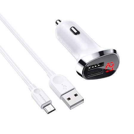 Car Charger 2.4A 2xUSB with LCD Display + Micro USB Cable 1m Borofone BZ15 white
