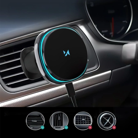 Uchwyt samochodowy Wozinsky WCT5-Q6S2Y z ładowarką indukcyjną Qi/MagSafe 15W na kratkę wentylacji z wentylatorem - czarny