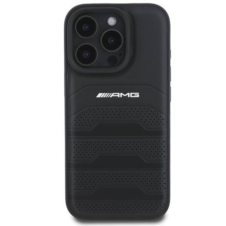 Original Handyhülle IPHONE 16 PRO MAX Mercedes AMG Hardcase Leather Debossed Lines Black Logo (AMHCP16XGSEBK) schwarz