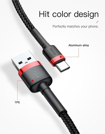 Baseus Cafule Cable - Kabel do ładowania i transmisji danych USB do USB-C 3 A, 1 m (czerwony/czarny)