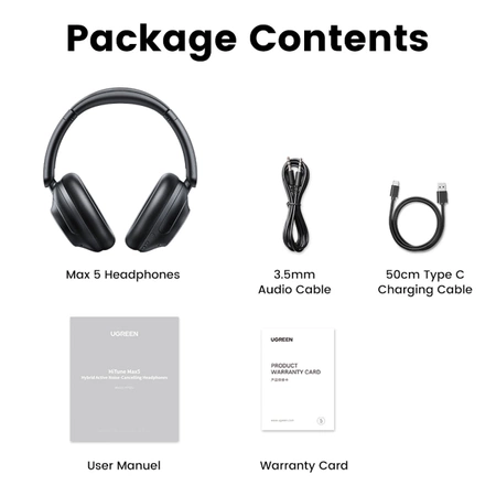 Ugreen HP202 HiTune Max5 on-ear wireless headphones with hybrid ANC noise reduction - black