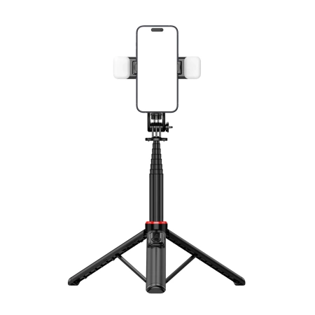 Selfie Stick WC12YDS Teleskopstativ 1,3 m aus Aluminiumlegierung mit Dual-Licht und Telefonhalter – Schwarz