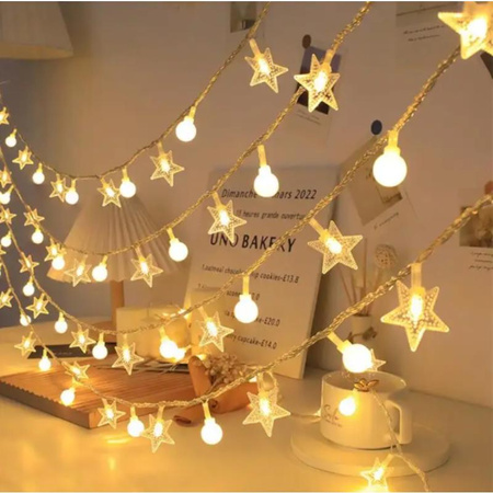 Girlanda 10m (80 lampek LED) USB Gwiazdki + Kulki, CIEPŁY BIAŁY