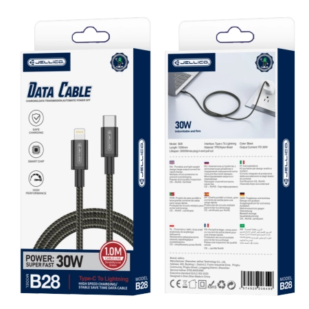 JELLICO kabel B28 USB-C - Lightning PD 30W 1M Czarny