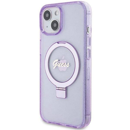 Guess Ring Stand Script Glitter MagSafe Hülle für iPhone 15 Plus / 14 Plus – Lila