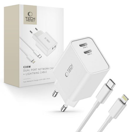 Wall Charger 2x USB-C PD 35W + Cable USB-C - Lightning white