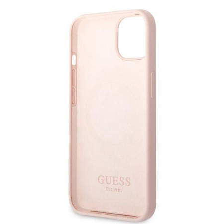 Oryginalne Etui IPHONE 13 MINI Guess Hard Case Silicone Logo Plate MagSafe (GUHMP13SSBPLP) różowe