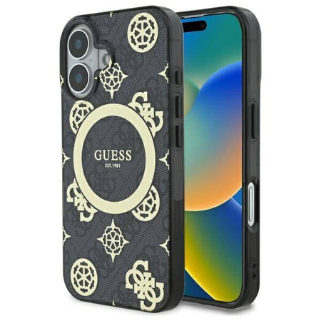 Original Handyhülle IPHONE 16 Guess Hardcase IML Peony On 4G Background MagSafe (GUHMP16SH4PYEEK) schwarz
