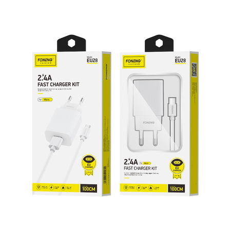 Foneng Ładowarka sieciowa EU28 - USB - 2,4A z kablem USB na Micro USB biała