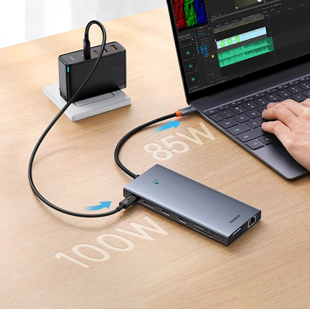 HUB Baseus PortalJoy Series 13in1 USB-C – 2x HDMI / DP / VGA / USB-A 3.1 / USB-C 3.1 / USB-A 2.0 / PD / RJ45 / SD / TF / AUX – grau