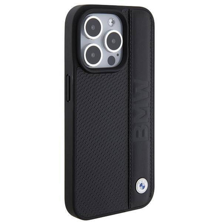 BMW Lederhülle mit Textur und Streifen für iPhone 15 Pro – Schwarz