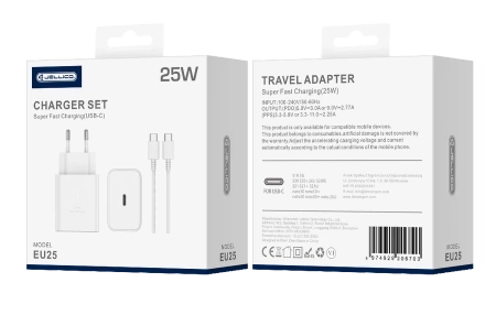 Ładowarka Sieciowa 25W PD 1xUSB-C + Kabel USB-C/USB-C Jellico EU25 biała