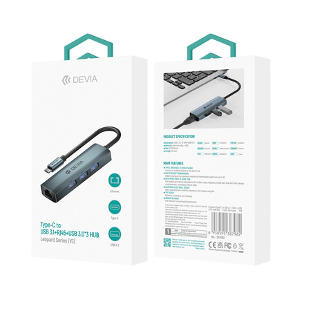 Devia adapter HUB 4w1 USB-C 3.1 do 3x USB 3.0 + RJ45 ciemnoszary