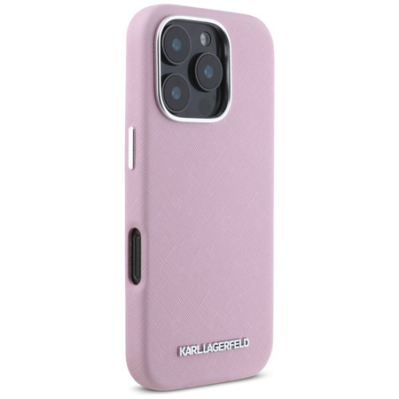 Original Handyhülle IPHONE 16 PRO MAX Karl Lagerfeld Saffiano Full Wrapped Elongated Metal Logo MagSafe rosa