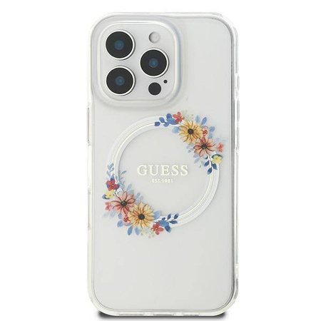 Original Handyhülle IPHONE 16 PRO Guess Hardcase IML Flowers Wreath MagSafe (GUHMP16LHFWFCT) transparent