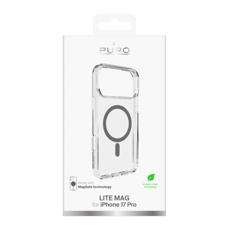 Puro Lite Mag TPU+PC Hülle kompatibel mit MagSafe für iPhone 17 Pro - Transparent mit grauem Ring
