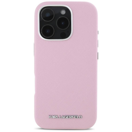 Original Handyhülle IPHONE 16 PRO MAX Karl Lagerfeld Saffiano Full Wrapped Elongated Metal Logo MagSafe rosa