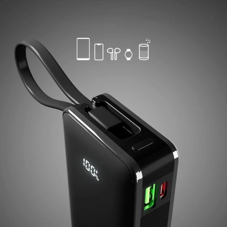 Powerbank SBS 10000 mAh 20W with built-in USB-C cable and digital display - black